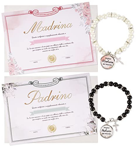 2Set Certificato Padrino Battesimo Biglietti Madrina Battesimo Braccialetti Padrino e Madrina Cresima Regalo Padrino e Madrina Battesimo Regalo Comunione Nascita Baby Shower Fai da Te