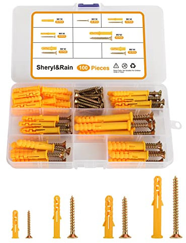 100 Pcs Screws and Wall Plugs Set (50 Masonry Screws, 50 Expansion Pipe Anchor Bolts), M6/M8 4 Assorted Size Wall Plugs and Screw, Rawl Plug for Brick, Rawplugs for Concrete Fixing Drywall