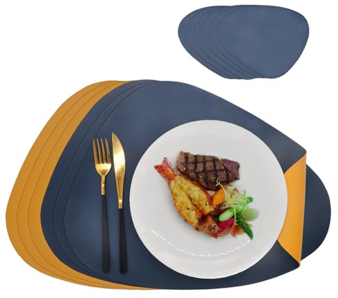 Double Side Leather Placemats and Coaster Sets of 6, Navy-Yellow | Washable, Non Slip, Hot Resistant for Dining Table, 6-pack