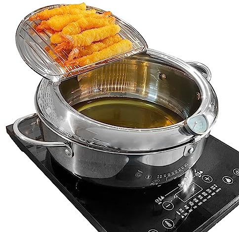 Saltlas Deep Fryer Pot (°F), 11/4.4Qt (4.2 L) Extra Large Tempura Frying Pot with Lid, 304 Stainless Steel Fry Pot with Fahrenheit Thermometer and Oil Drip Drain Rack
