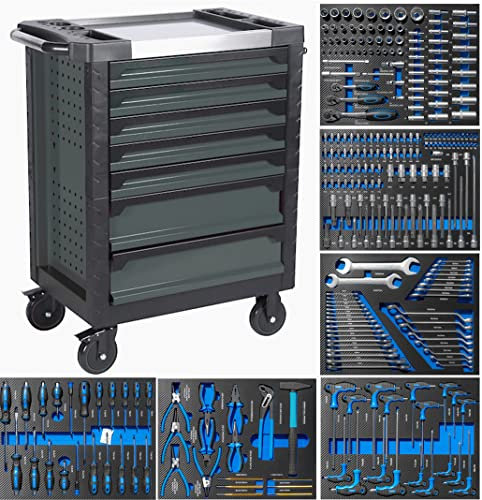 Carro de taller 7 cajones con herramienta, 6 MODULOS EVA AZUL