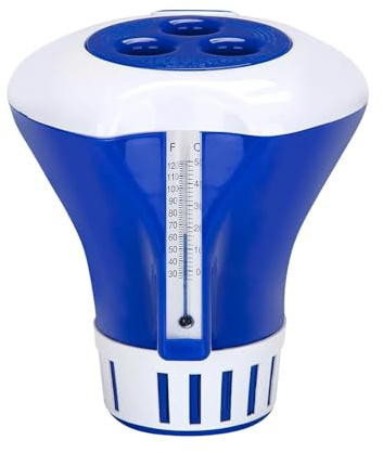 Virsus Dosatore Galleggiante con Termometro 5C12, misura 17x19 cm, Porta cloro Dispenser per Compresse Pastiglie di Cloro per acque di Piscina, Flusso Regolabile, Vasche e Spa