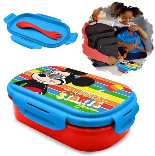 Boîte à déjeuner Mickey Mouse sans BPA | Boîte de 20 cm avec cuillère-fourchette et couverts empilables