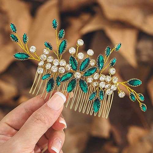 IYOU Kristall Hochzeit Haarkamm Grün Strass Kopfstück Brautjungfer Bräute Braut Haarschmuck für Frauen