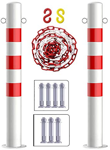 2 Stück Parkplatz- und 5 m Lange Absperrkette für Einfahrten, 75 cm × 14 cm, Metallpfosten mit reflektierendem Klebeband und Aufhängering, einfache Installation (Größe: Weiß und Rot) (Weiß und Rot) (