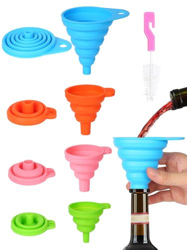 4Pcs Collapse Funnels, Silicone Kitchen Funnel, Folded Funnels Small Funnels for Filling Bottles with Clean Brush, Collapsible Funnel for Liquid Transfer S M Size (4 sizes)