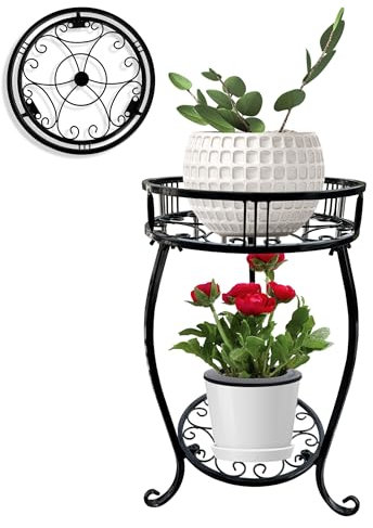 MEEYUU 2 Tier 45cm Tall Plant Stand Indoor Outdoor Metal Pot Holder Rack Pot Stand Heavy Duty Plant Shelf Rustproof Multiple Plant Round Supports Rack for Planter Corner Garden Balcony Patio (Black)