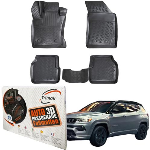 Trimak Passgenau 3D Fussmatten Auto Kompatibel mit Jeep Compass 2.Gen 2017-2025 Auto Zubehör 1. und 2. Reihe Gummimatten Autos TPE Allwetter Geruchlos rutschfest Vorne & Hinten Schwarz