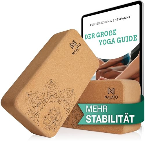 NAJATO Sports Yoga Block Kork 2er Set – Yogablock inkl. E-Book (PDF Datei) – Yogaklotz für Pilates und Meditation – Aus natürlichem Material