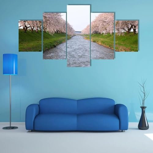 QWHYQXI Wohnzimmer Bilder Groß Wandbilder 5 Teiliger Kirschbaum & Fluss 5 Teilig Wandbilder Wohnzimmer, Poster, Kunstdrucke Büro Flur Bad Küchebilder Leinwandbilder Xxl