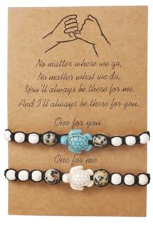 GAUEIOUR 2Pcs Sea Turtle Beads Bracelets For Women Men Couple Turquoise Retro Boho Woven Bracelest Beads with Card For Adjustable Good Friend Friendship Jewelry