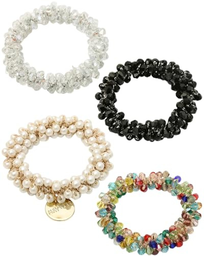 KGDUYC 4 Stück Haargummis mit Perlen, Strass, Pferdeschwanzhalter, Perlen, Haargummis, elastisches Haarband, Haar-Accessoires für Damen, Weiß, Schwarz, bunt, Perlmutt