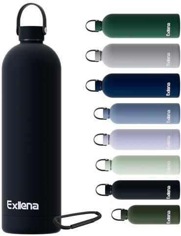Exllena Insulated Water Bottles 1.5l with Handle Lid and Carabiner, Double Wall Vacuum Drinks Bottle Keeps Drinks Cold 24 Hrs/Hot 12 Hrs, Stainless Steel Water Bottle BPA Free(Black)
