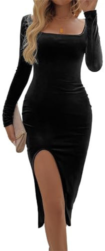 Abito da Sera Donna Elegante Invernale in Velluto Maniche Lunghe, Vestito da Cocktail Scollo a U per Cerimonia, Festa, Party, Matrimonio, Banchetto