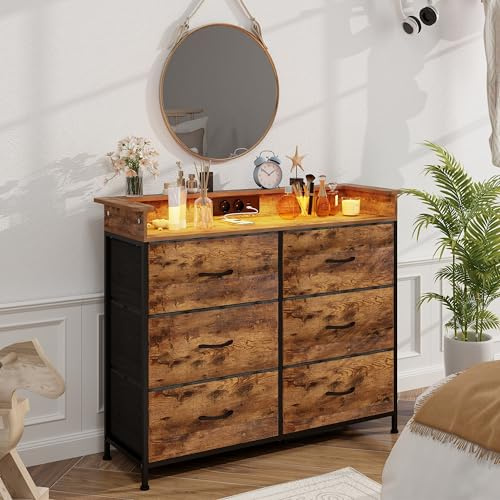 VEDECASA Kommode mit 6 Stoffschubladen und LED-Beleuchtung, 2 USB-Ports & 2 AC-Steckdosen, Sideboard mit Holzplatte und Stoffschubladen, Metallrahmen für Schlafzimmer, Wohnzimmer und Flur, Braun