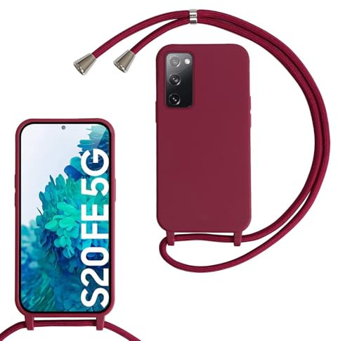 FERLAN handyband Hülle für Samsung Galaxy S20 FE mit Band, HandyHülle mit Kordel, Weich Silikon TPU Stoßfest Bumper mit Kette zum Umhängen für Samsung Galaxy S20 FE, Handy Lanyard - Rot