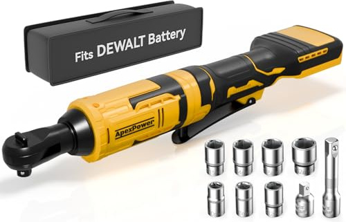 APEXPOWER 3/8 Inch Cordless Ratchet Wrench for DEWALT 20V Battery, 88Ft-Lbs, 0-400RPM, Electric Wrench Ratchet w/Variable Speed Trigger, Reinforced Head, R&F Switch, 7 Sockets,3/8 to 1/4 Adapter
