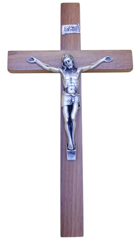 Wandkreuz – Handwerk Made in Italy Christus und INRI versilbert 999 – Wandkreuz aus Holz, hochwertiges Walnussholz – Pflege und Präzision der Details von Jesus – 32 x 18 cm