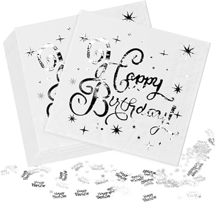 Lot de 50 serviettes d'anniversaire - Blanc argenté - 33 x 33 cm - Décoration de table pour anniversaire garçon et fille