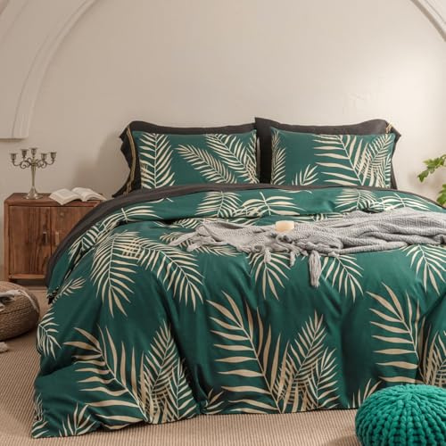 Gezu Set Housse de Couette 220x240cm Doré Motif Feuilles Tropicales Dorées Botanique Parure de Lit 2 Personnes Doux Microfibre Linge de Lit avec Fermeture Éclair et 2xTaies d'oreiller 65x65, Or Vert