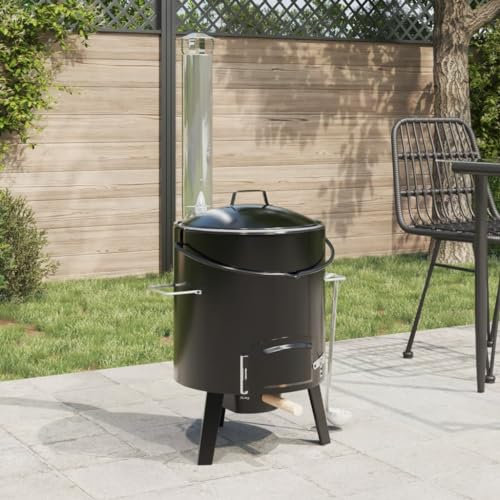 qohoio 4005749 Goulash Cannon with Chimney and Lid Black Enamelled Steel Portable Charcoal Barbecue Smoker Grill Outdoor BBQ,Garden Oven