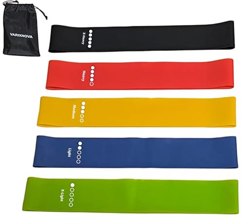 Gomas Elásticas Fitness, Banda Elastica para Silla, Cinta Circular para Yoga y Pilates, Set de 5 Niveles de Dureza, para Tonificar y Rehabilitar, Incluye QR y Bolsa Transporte