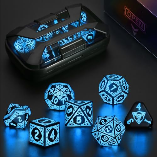 ZHOORQI DND Würfel Set, LED Dice Wiederaufladbar mit Ladebox (Blue) | Dungeons and Dragons Würfelset, 7 Pcs/Set Shackles Design Rollenspiel Polyedrische Würfel für RPSs D and D Geschenke