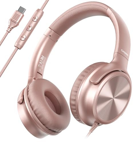 Cowyawn USB C Headphones Wired, Over Ear Headphones with Microphone, Volume Control, HD Stereo Sound, Foldable Lightweight Headphones for Adult/Teens/Chromebooks/Laptop/Computer/Tablets/Travel (Rose)