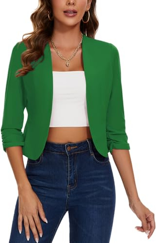 LADI TREND Blazer corto para mujer, trajes y blazers sin cuello, chaquetas con frente abierto, manga fruncida 3/4, ropa exterior, cárdigan de medio lino, G-verde, M
