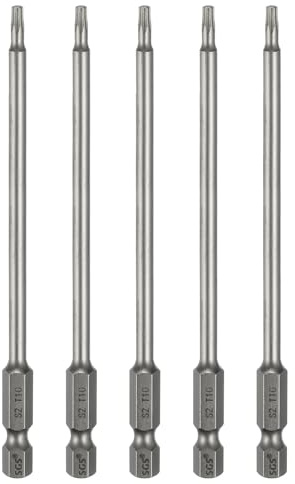 sourcing map 5pcs T10 Torx testa cacciavite bit 1/4 Hex Shank 4.3 (110 mm) lungo magnetico senza foro punta a prova di manomissione 6 punti stella cacciavite trapano bit S2 acciaio industriale