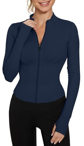 IECCP Hauts de Sport Femmes Manches Longues T-Shirt de Sport Fitness Entraînement Yoga Crop Tops Femmes T-Shirts de Course Demi-Zip Respirant Vêtements de Sport avec Trous pour les Pouces, bleu marine