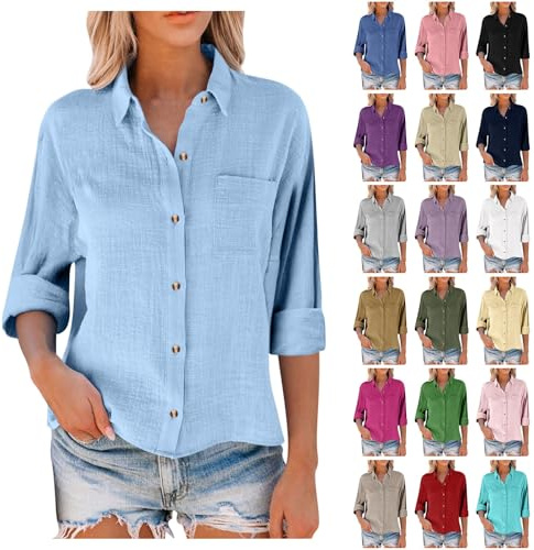 Camicia basic a maniche lunghe da donna in cotone e lino, blusa estiva a maniche lunghe taglie forti, camicetta elegante con revers e bottoni, bluse da donna larghe casual, camicia di lino leggera con
