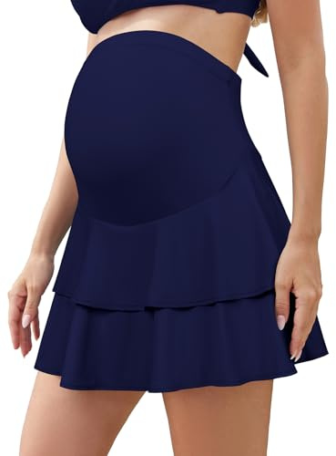 SHEKINI Donne Increspature Vita Alta Premaman Swim Gonna Built-in Pantaloncini con Tasche, blu scuro, L