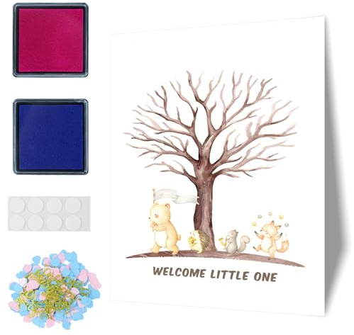 Arbre à empreintes digitales pour fête de révélation de genre, feuilles d'empreintes digitales, livre d'or pour fête prénatale, thème animal, livre d'or d'empreintes digitales, décoration souvenir