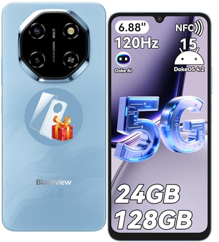 Blackview Smartphone 5G, 24GB+128GB/2TB TF, Telefono Cellulare 6.88'' HD 120Hz, Android 15, Unisoc T8100, 5000mAh, 16MP+8MP, 5G Dual SIM/OTG/NFC/Face ID/Fingerprint