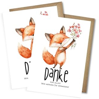 WBdesignz 2er-Set Abschiedskarten Danke – Wir werden Sie vermissen mit Fuchs-Motiv – liebevolle Dankeskarte für Kollegen, Erzieher, Lehrer, Pflegekräfte - mit Umschlägen DIN A6 (2er-Set)