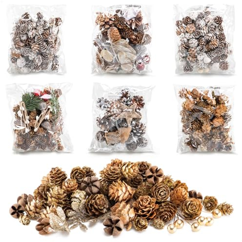 com-four® 6X Adornos navideños en una Bolsa con Conos, ramitas y Bayas - Adornos navideños - Juego de Manualidades - Decoración de Mesa (6 Bolsas: Conos, ramitas, Hojas, Corteza y Bayas.)