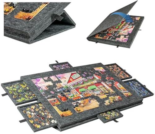 Tilting Jigsaw Puzzle Board with 6 Drawers & Cover, Lightweight Portable Puzzle Table with Adjustable Stand for 1000 Pieces, Foldable Non-Slip Felt Puzzle Board for Adults and Kids (Black)