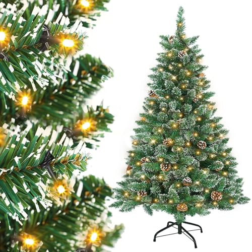 Eldzenith Weihnachtsbaum 180 cm, Tannenbaum Künstlich Schnee mit Beleuchtung, Metallständer, PVC Christbaum, Schwer Entflammbar, Christmas Tree für Zuhause, Büro, Geschäfte und Hotels, Feiertage