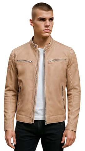 Infinity Leather Chaqueta de motociclista vintage informal de cuero acolchado Café Racer clásico beige para hombre