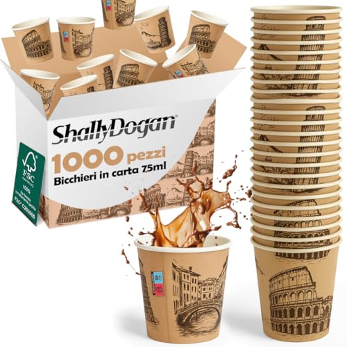 BAKAJI 1000 Bicchierini da Caffè Monouso Capacità 75 ml, Tazzina in Carta Usa e Getta per Hotel, B&B, Casa, Ideali per Feste ed Eventi, Tazze Resistenti Biodegradabili e Ecosostenibi (Italia)