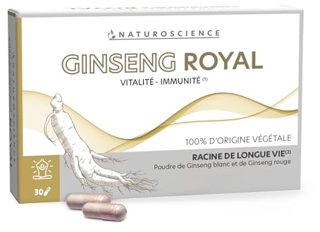 Naturoscience - Ginseng Royal - Complément Alimentaire Immunité et Vitalité - 100% Naturel - Pure Poudre de Ginseng Blanc et Rouge - Fabrication Française - 30 Gélules
