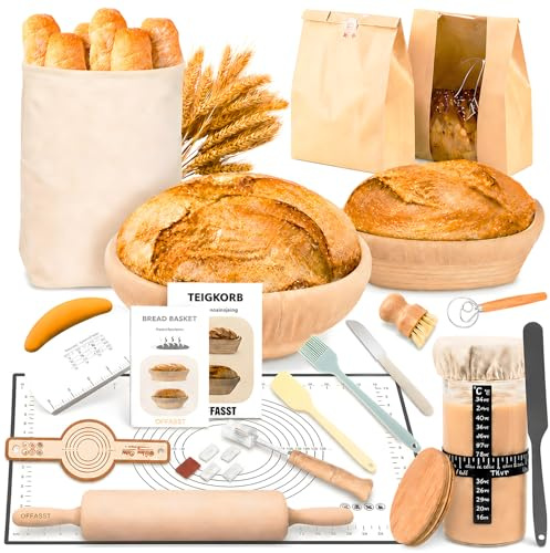 OFFASST Sauerteig Starter Set mit Gärkörbchen (2 Stück, 25cm), Gärkorb Brot Brotbackzubehör Mit Sauerteig Starterglas, Sauerteigbrot Starter Set, Komplettes Brotbackset für Anfänger & Bäcker
