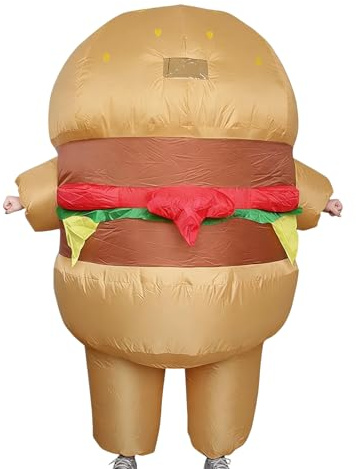 Aufgeblasenes Partykostüm, Hamburger-, Anzug-Outfit, 160 x 68,6 cm, schnell aufgeblasen, leichte Stoff-Kostümschale, Lebensmittel-Themenkleidung mit Cartoon-Stil, Erwachsenen-Kleidung für