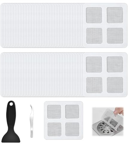 100 Stück Haarsieb Dusche, 10x10 cm Duschsieb Abfluss Haare Netzaufkleber Abflusssieb Selbstklebend Dusche mit Pinzette Schaber Flexible Abfluss Haarfänger für Haare Mesh Waschbecken Bäder und Küchen