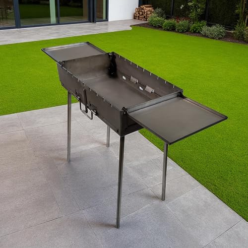 GOROCH Barbecue portable Transformer avec 2 tables pliantes - Barbecue au charbon de bois pliable pour 12 brochettes, en acier de 3 mm, pliable comme valise avec poignée, idéal pour le jardin, le