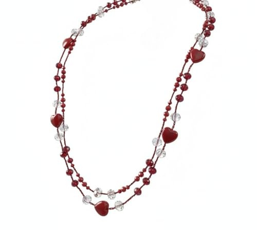 Sorelle Frappalà Collana artigianale fatta a mano all'uncinetto con filato prezioso, cristalli in vetro di Boemia e cuori in resina rossa – pezzo unico