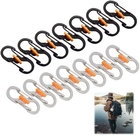 Mini S Carabiners, 14 Pcs Stainless Steel Locking Carabiner Hooks, Small Carabiner Clip for Keys, Bags, DIY, Travel, Hiking & Camping(Black-Orange & Silver-Orange)