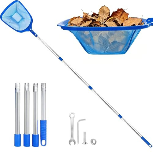 FINEVERNEK 186 cm poolhåv, dammhåv med teleskopstång, poolhåv av rostfritt stål, poolrengöring poolhåv, finmaskig, lövhåv för pool, damm, alger, plaskdamm