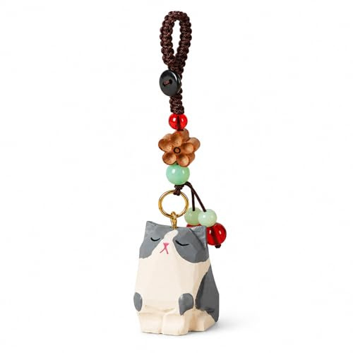 Katzen Schlüsselanhänger Holz, Holz Schlüsselanhänger Katze, Keychain Cute mit Blumen, Katzen Anhänger für Freundin, Katzenliebhaber Geschenke für Frauen und Mädchen